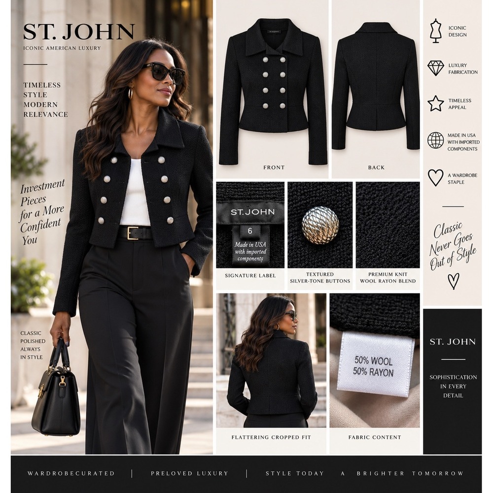 St. John Collection Black Knit Cropped Military Blazer Jacket 6 Wool Rayon USA
